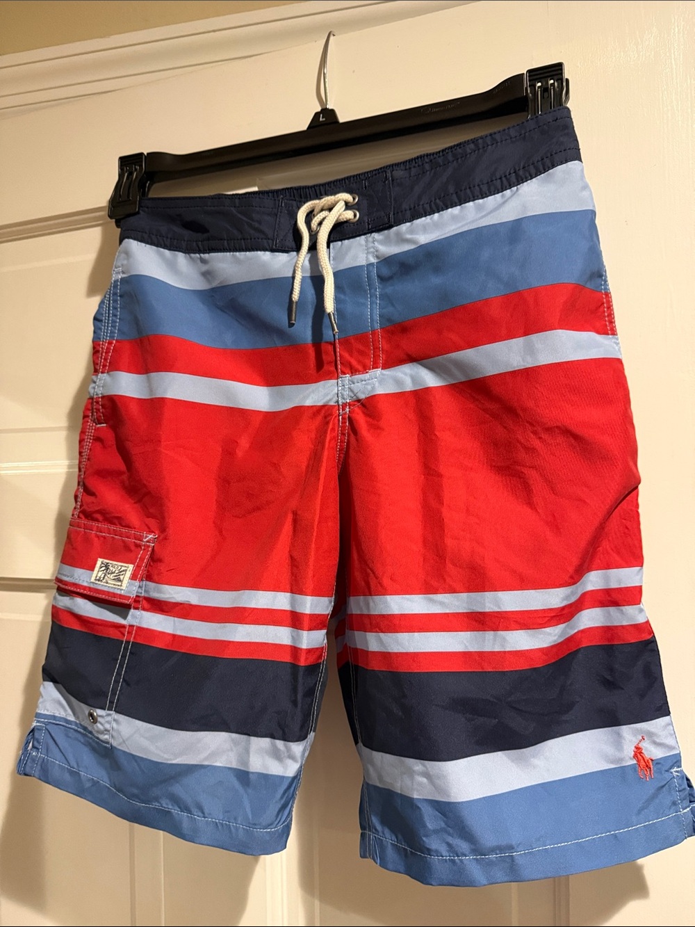 Polo by Ralph Lauren Red, Navy & Light Blue Striped Boys Swim Board Shorts